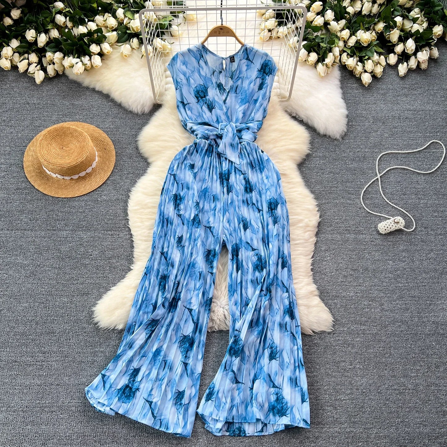 Summer Abstract Print Jumpsuit Wide Leg V Neck Women