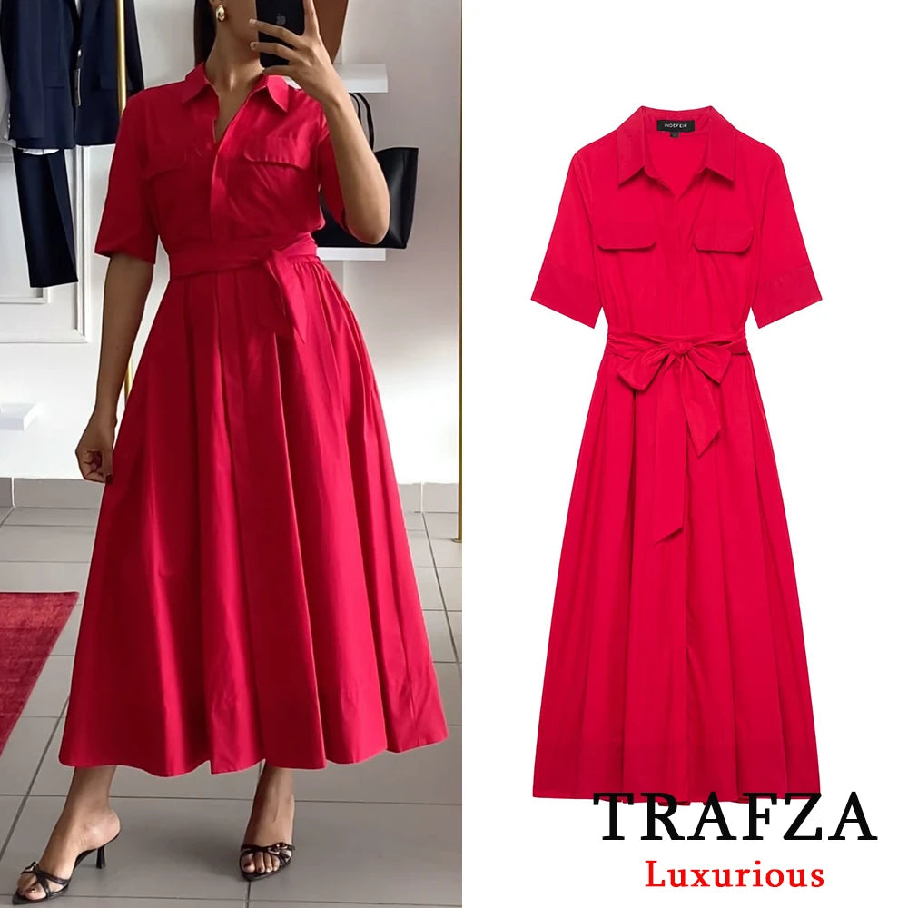 Long Red Summer Dress With Belt And Pockets For Spring