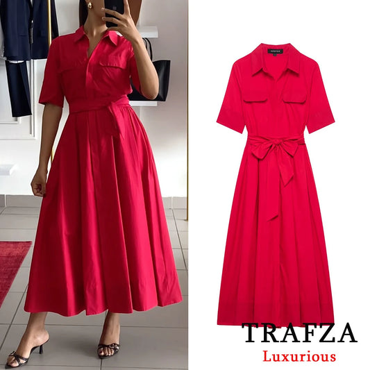 Long Red Summer Dress With Belt And Pockets For Spring