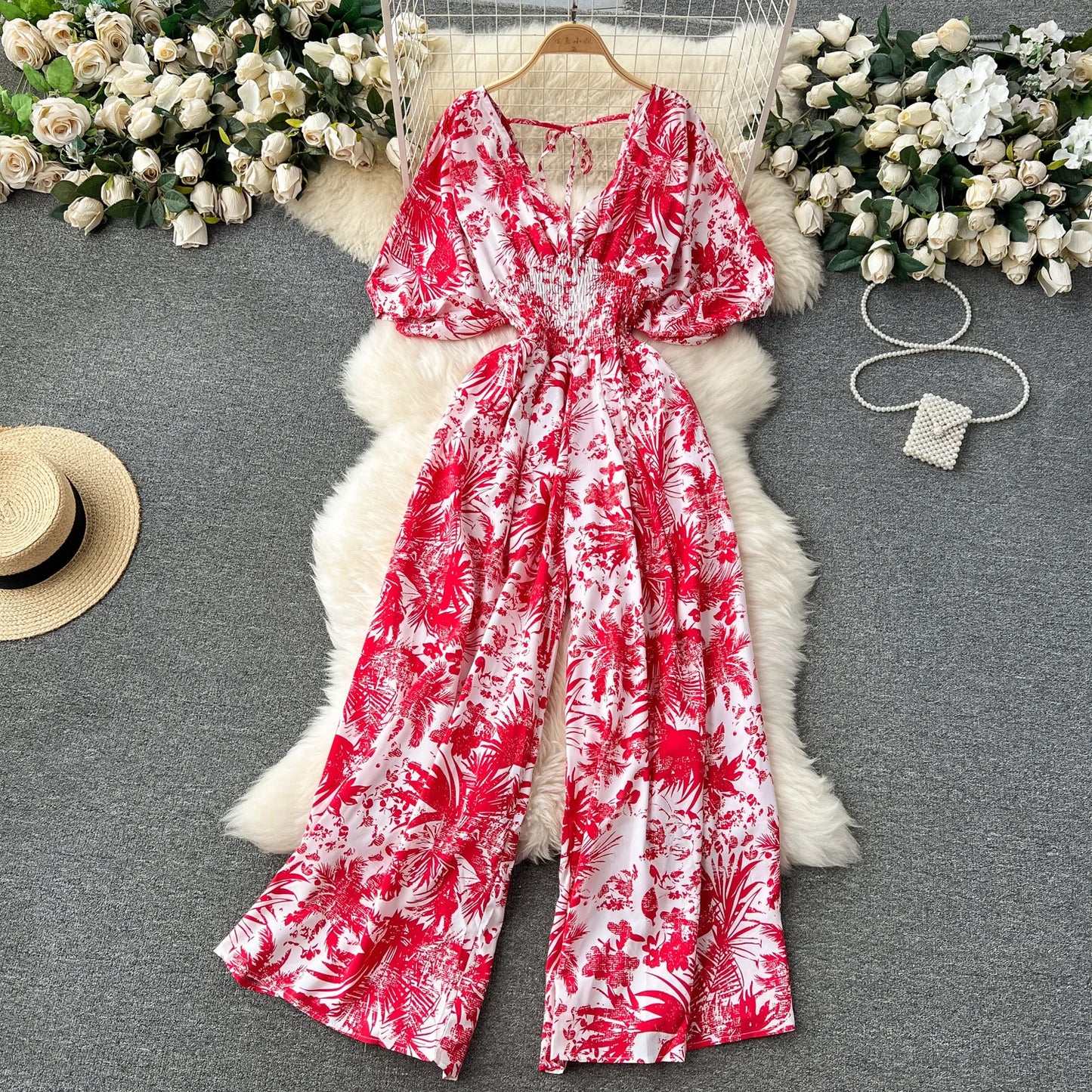 V Neck Dolman Sleeve Floral Print Jumpsuit For Women