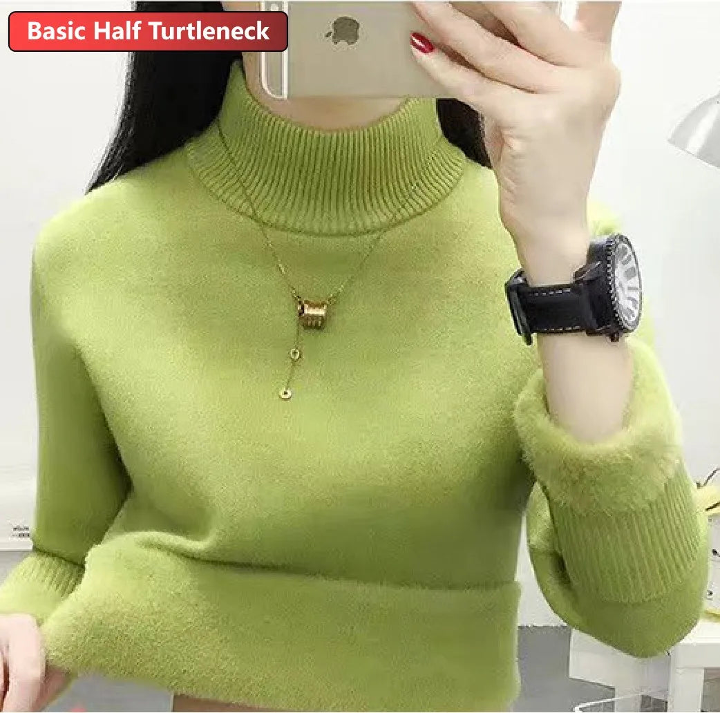 Women Turtleneck Velvet Lined Knit Sweater Thick Warm