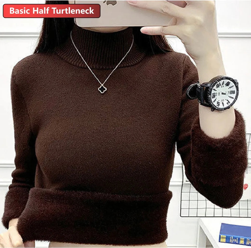 Women Turtleneck Velvet Lined Knit Sweater Thick Warm