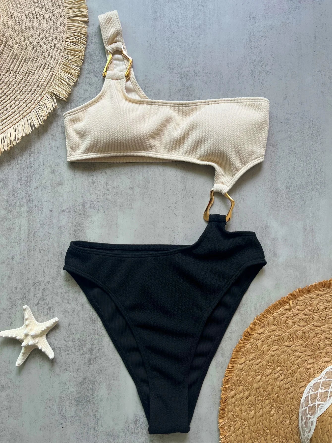 Women One Shoulder Asymmetric Swimsuit With Metal Ring