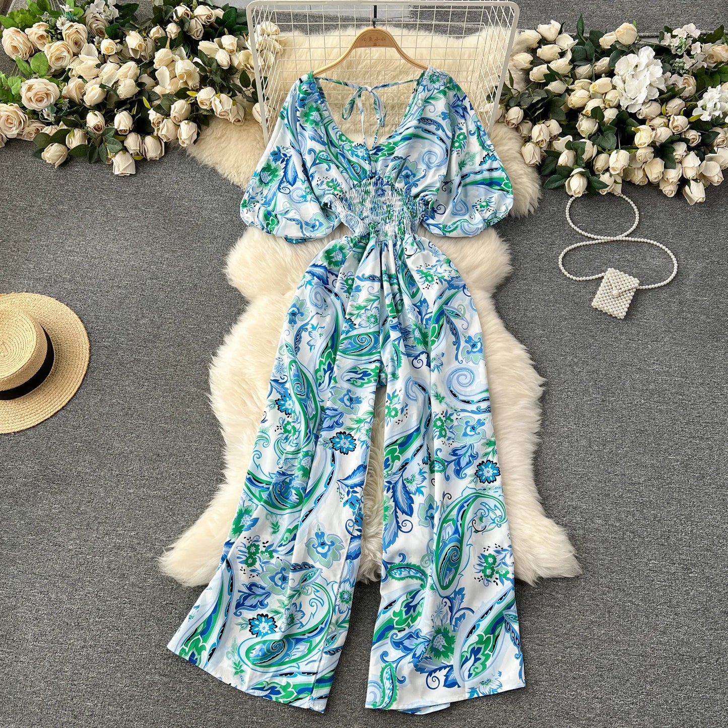 V Neck Dolman Sleeve Floral Print Jumpsuit For Women