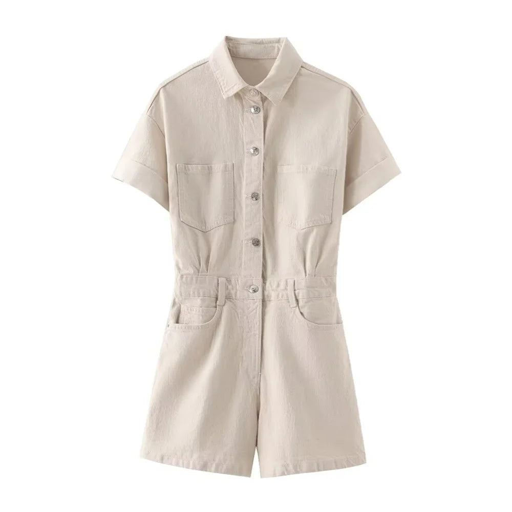 ZARF women's short slimming denim jumpsuit with pocket buckle decoration for spring and summer new casual women's wear