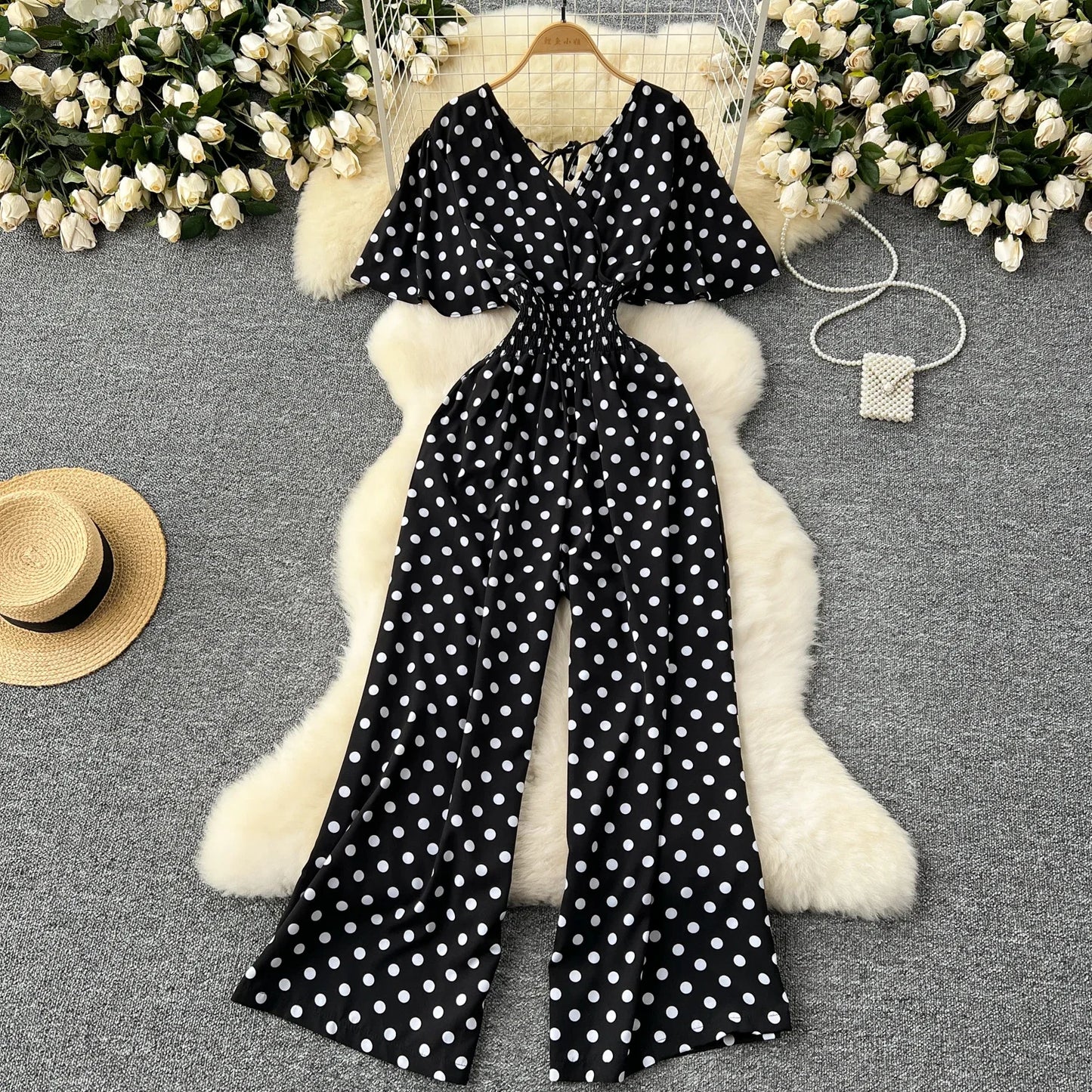 Polka Dot Women Romper V Neck High Waist Wide Leg Jumpsuit