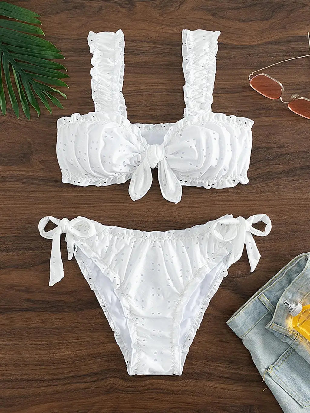 Schiffy Knot Front Tie Side Bikinis White Swimsuit Women