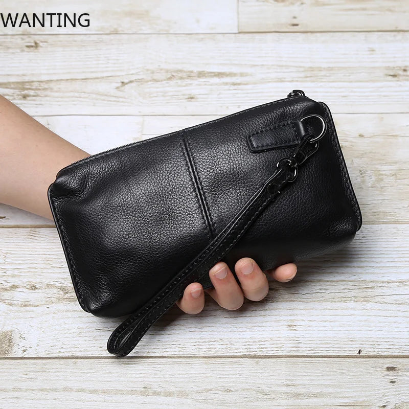 Mens Leather Handbag Retro Wallet With Zippered Capacity
