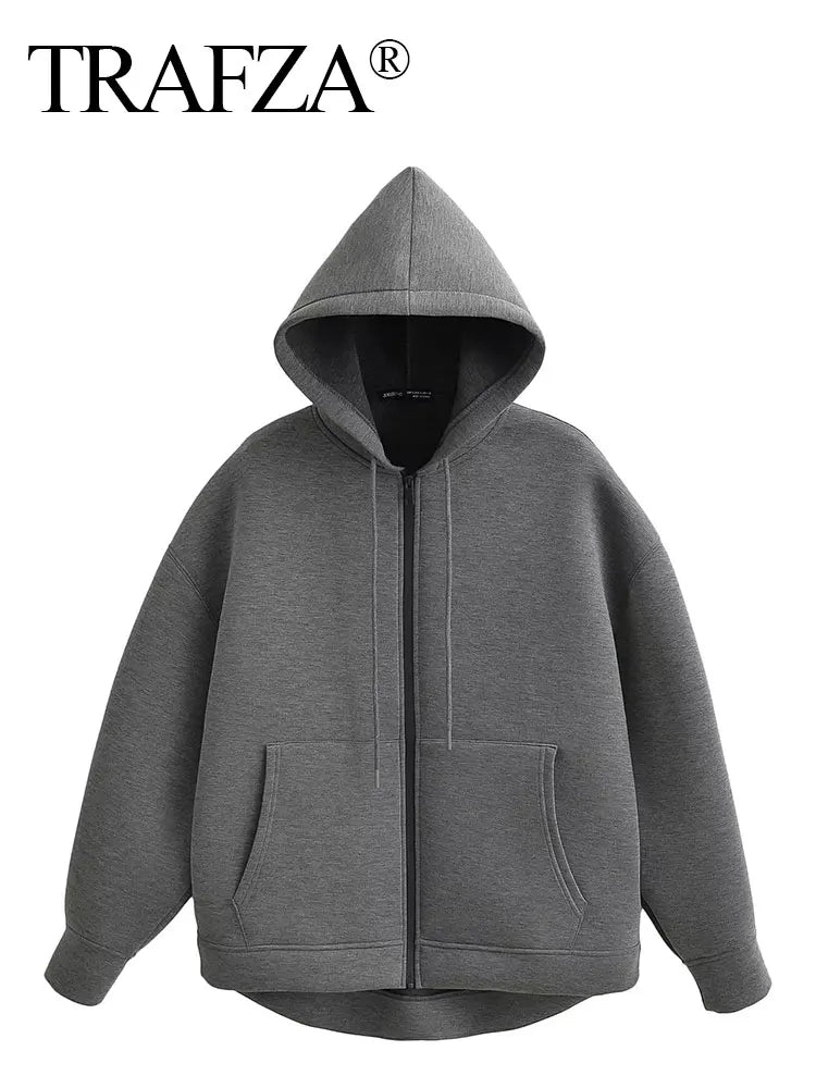 Trafza Autumn Gray Hooded Jacket For Women With Big Pockets