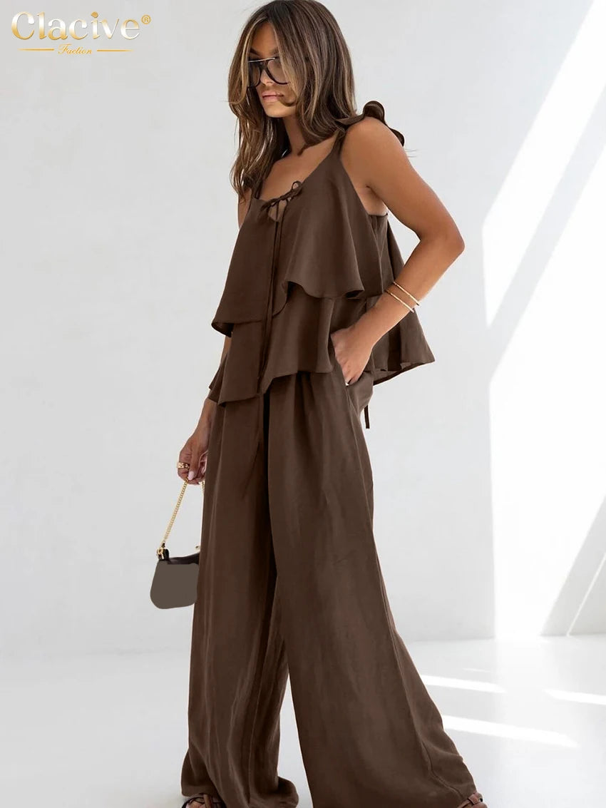 Clacive White Cotton Sleeveless Two Piece Set High Waist