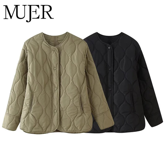Mujer Black Quilted Padded Jacket Women Long Sleeve Coat