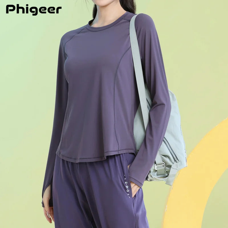 Phigeer Women Long Sleeve Yoga Tops Quick Dry Breathable