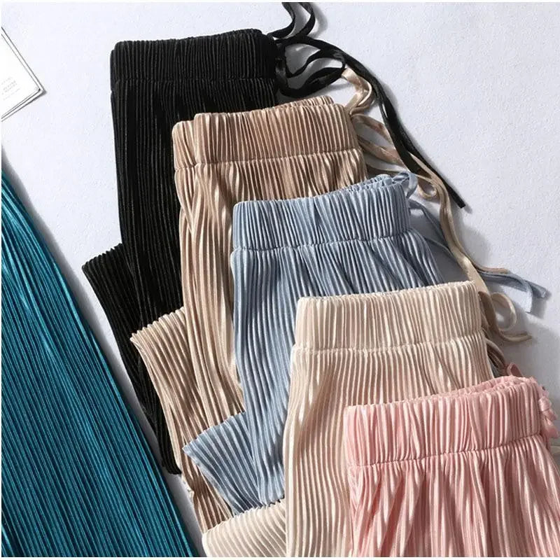 Women Wide Leg Pleated Ice Silk Pants Elastic Waist