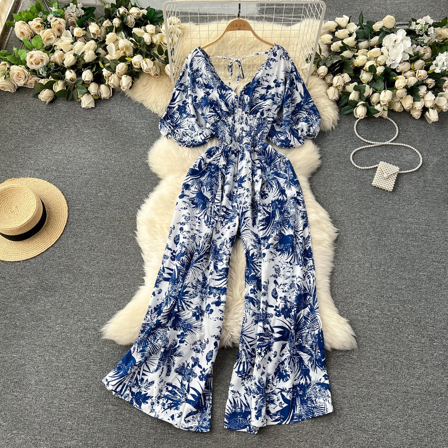 V Neck Dolman Sleeve Floral Print Jumpsuit For Women