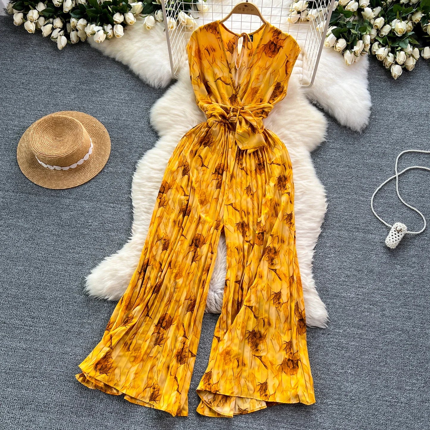 Summer Abstract Print Jumpsuit Wide Leg V Neck Women
