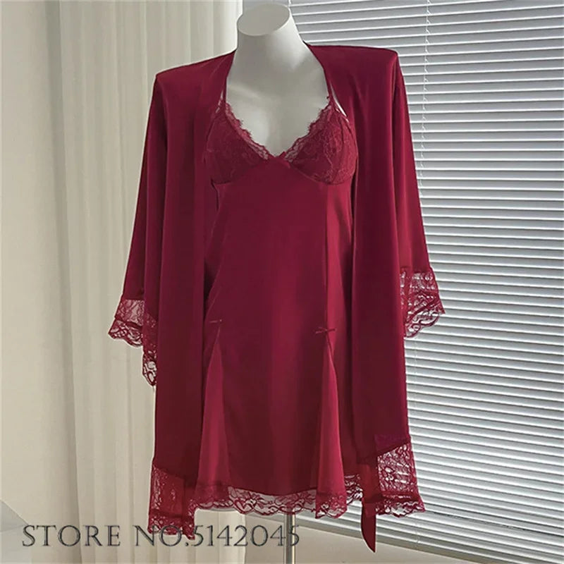 Temptation Lace Nightgown And Robe Set Satin Sleepwear