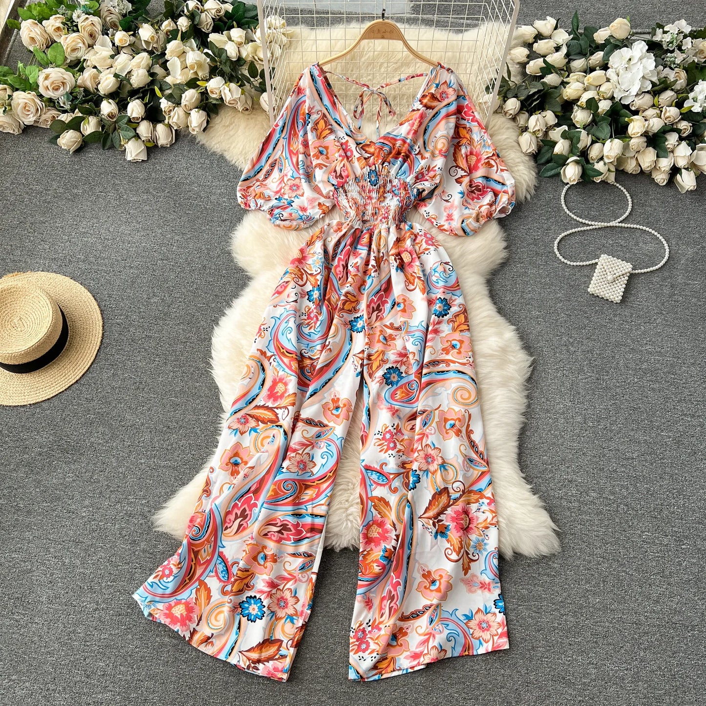 V Neck Dolman Sleeve Floral Print Jumpsuit For Women