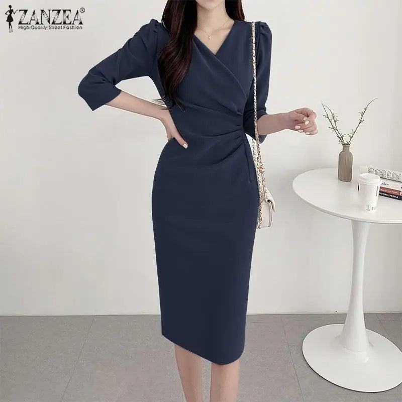 Elegant Knee Length V Neck Dress With Three Quarter Sleeves