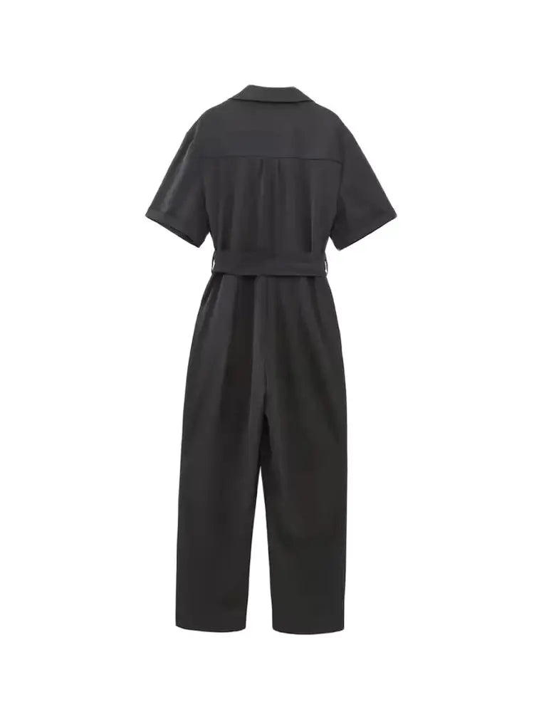 Womens Belted Front Zip Jumpsuit Short Sleeve Pockets