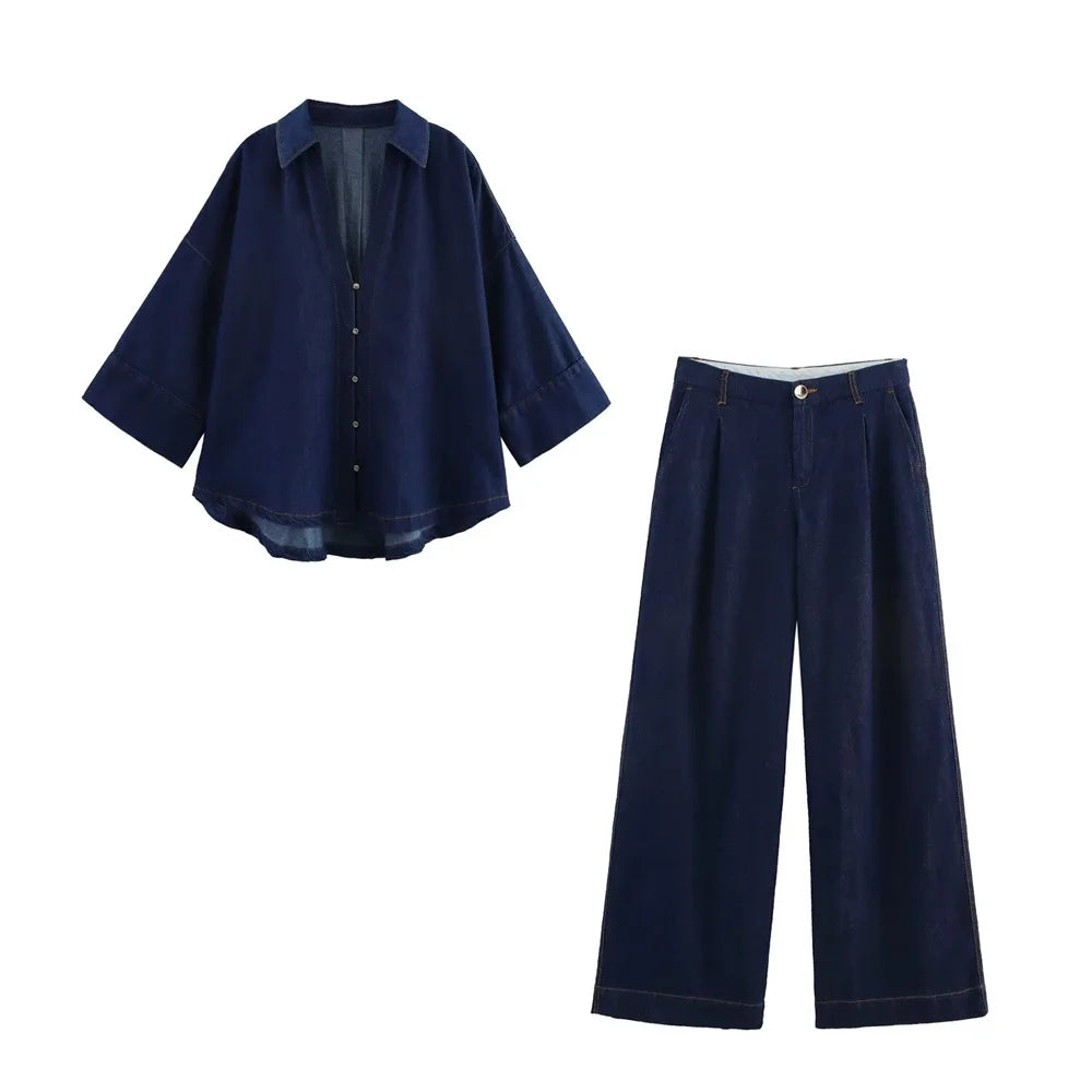 UNIZERA Denim Set Women Loose Fit Shirt And Wide Leg Pants