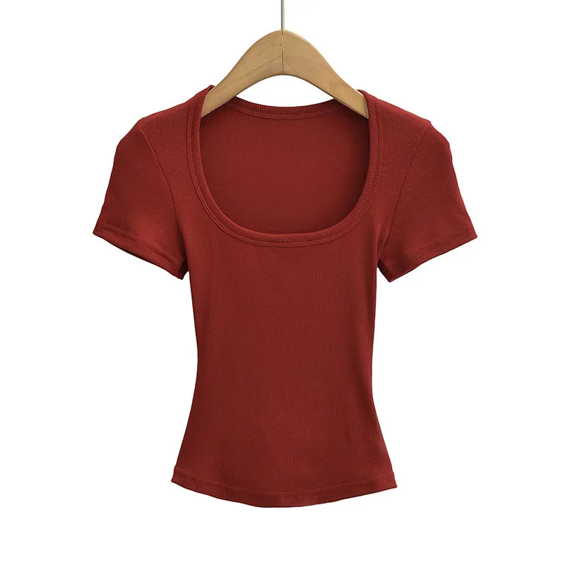 Summer Square Neck High Elasticity Crop Top Women Slim Fit
