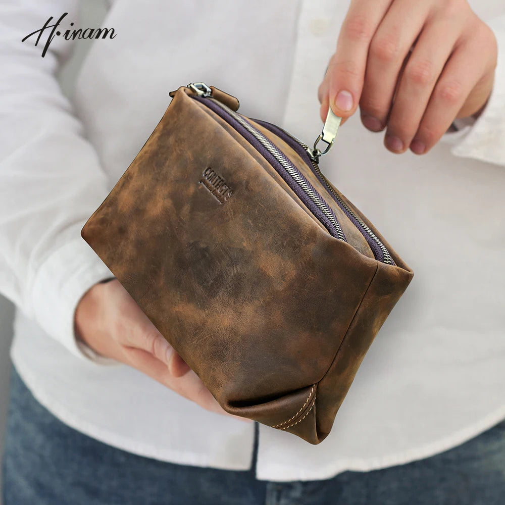 Vintage Genuine Crazy Horse Leather Men Clutch Bag Wallet