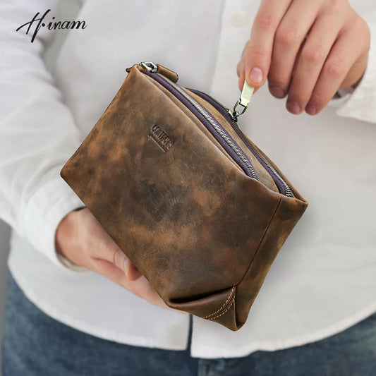 Vintage Genuine Crazy Horse Leather Men Clutch Bag Wallet