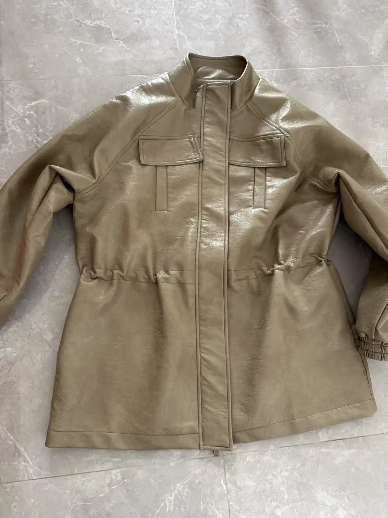 Women PU Leather Jacket With Elastic Waist Outerwear