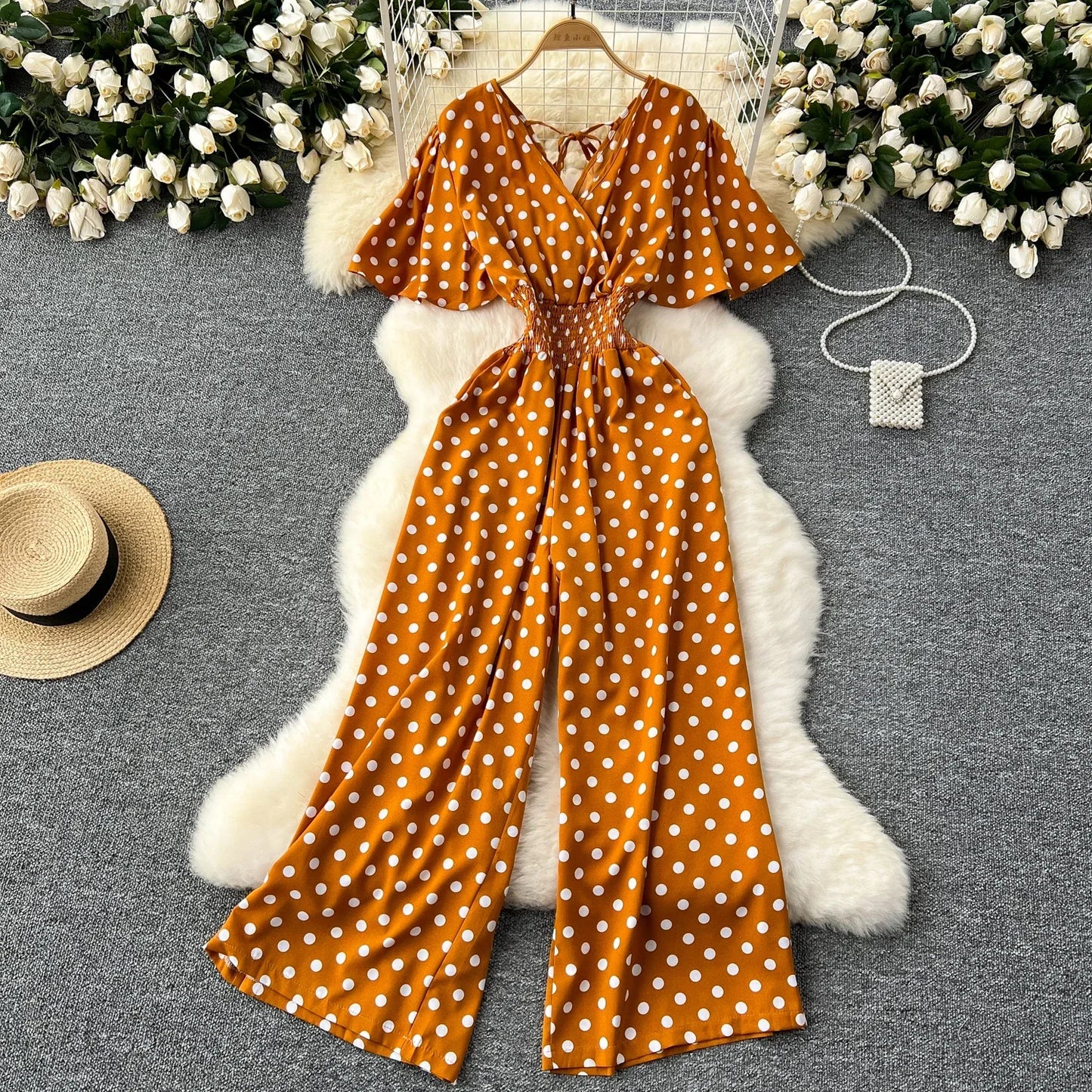 Polka Dot Women Romper V Neck High Waist Wide Leg Jumpsuit