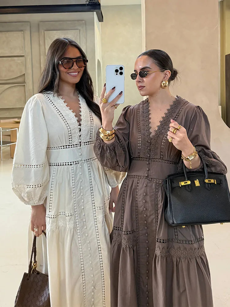 Elegant Lace Dress With V Neck Puff Sleeves For Spring