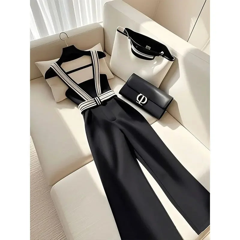 Korean Fashion Black Jumpsuit Women Strap Camisole Wide Leg