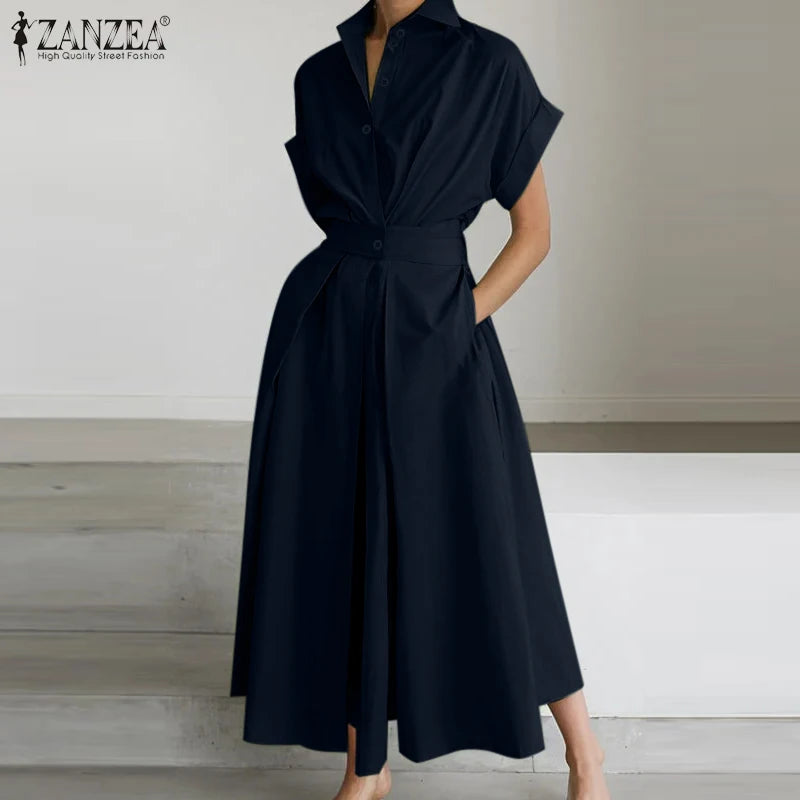 Women High Waist Midi Shirt Dress in Polyester Short Sleeve