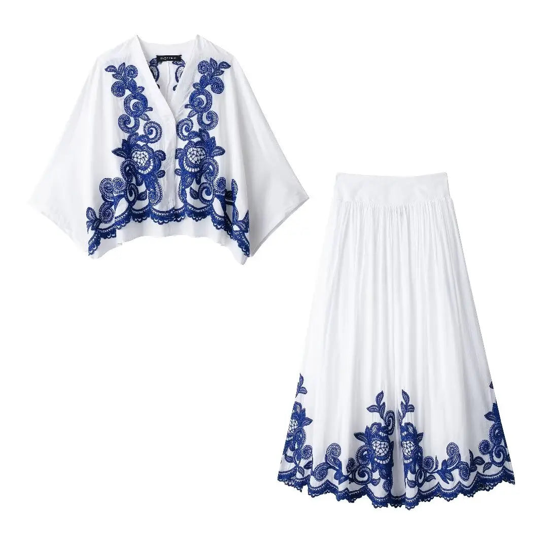 Blue Embroidered Shirt And Skirt Set Three Quarter Sleeves