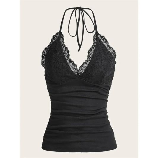 Black Lace Patchwork Halter Backless Sleeveless Top