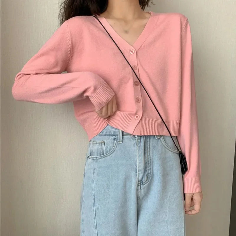 Women's Long Sleeve Cropped V Neck Cardigan Knit Sweater