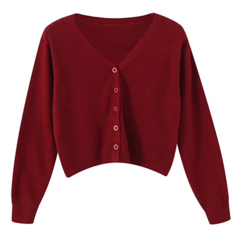 Women's Long Sleeve Cropped V Neck Cardigan Knit Sweater