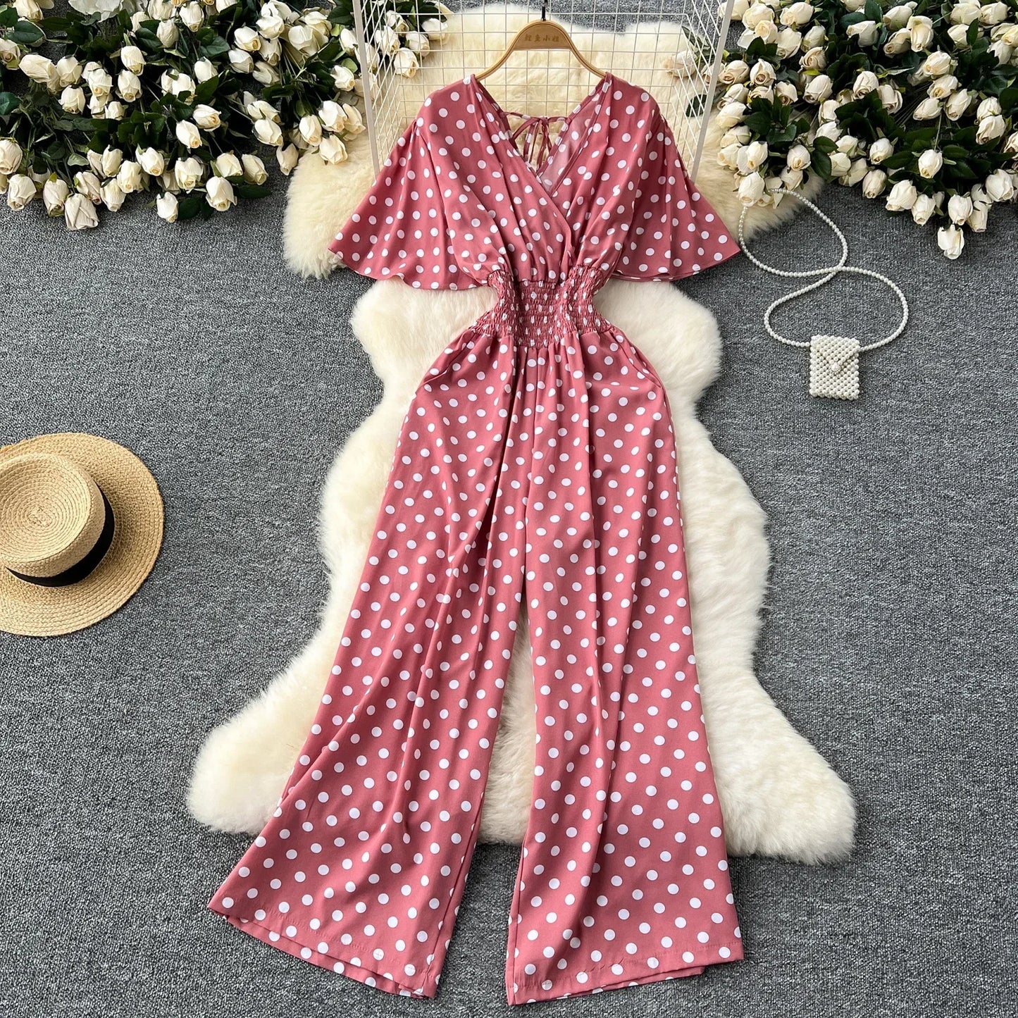 Polka Dot Women Romper V Neck High Waist Wide Leg Jumpsuit