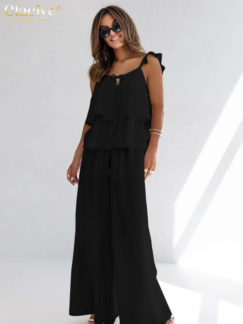 Clacive White Cotton Sleeveless Two Piece Set High Waist