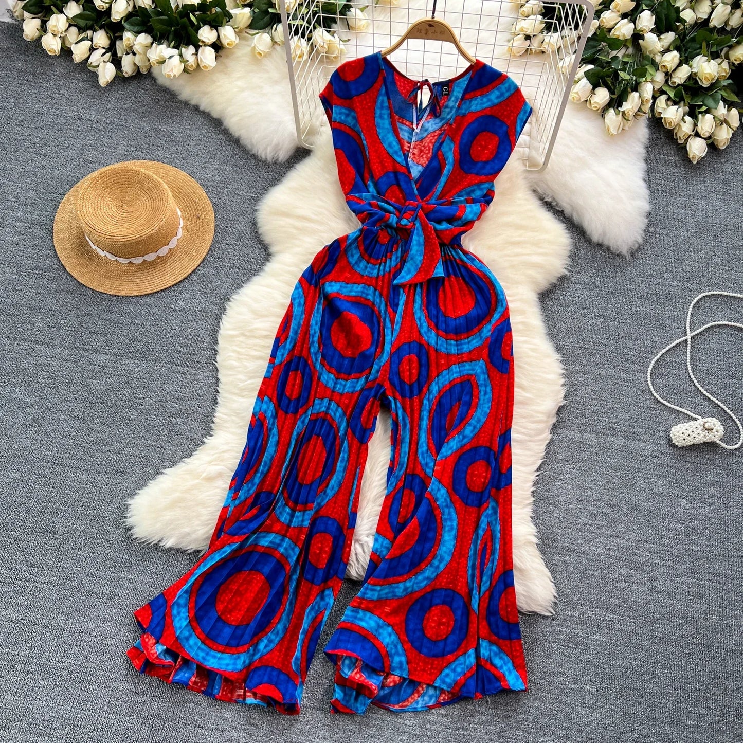 Summer Abstract Print Jumpsuit Wide Leg V Neck Women