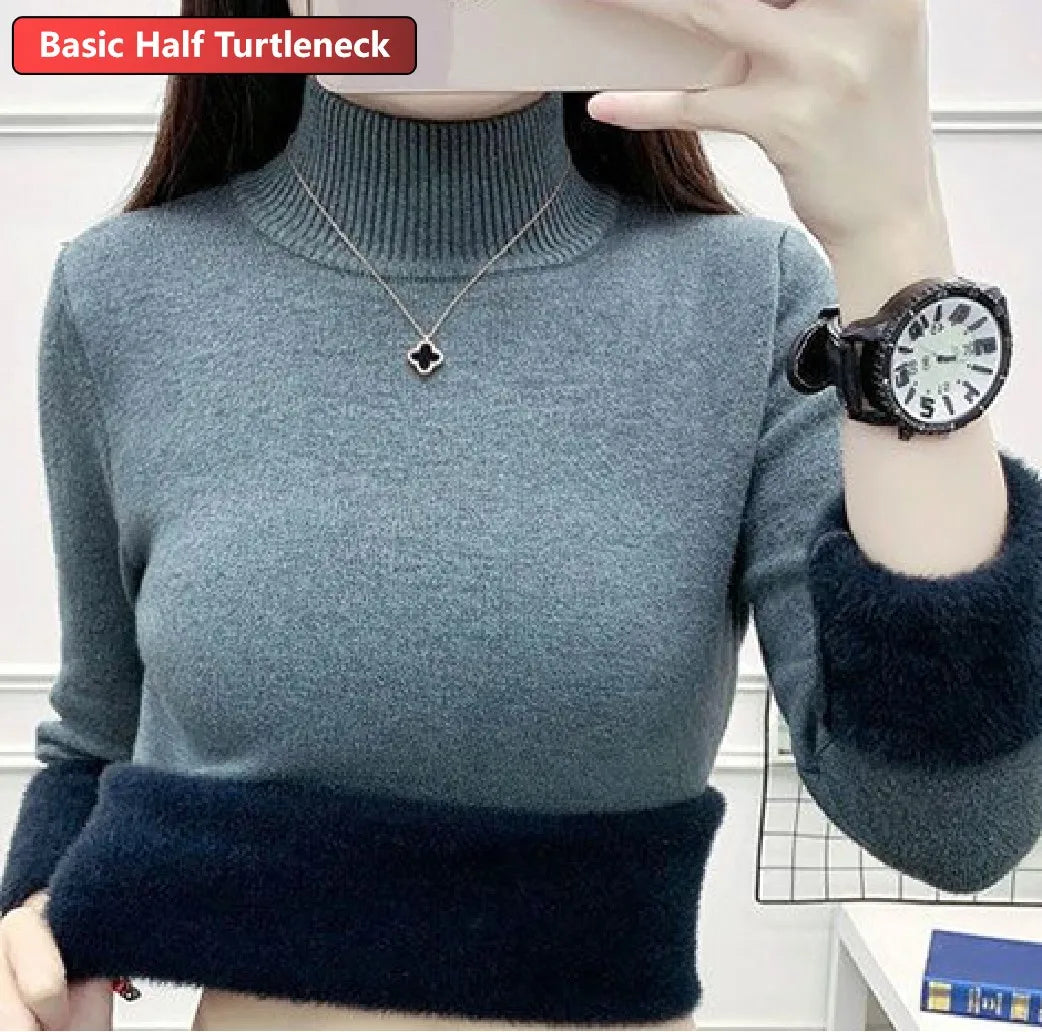 Women Turtleneck Velvet Lined Knit Sweater Thick Warm