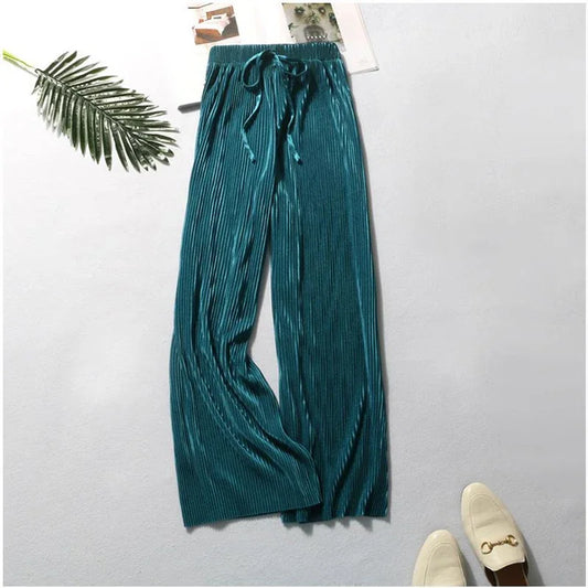 Women Wide Leg Pleated Ice Silk Pants Elastic Waist