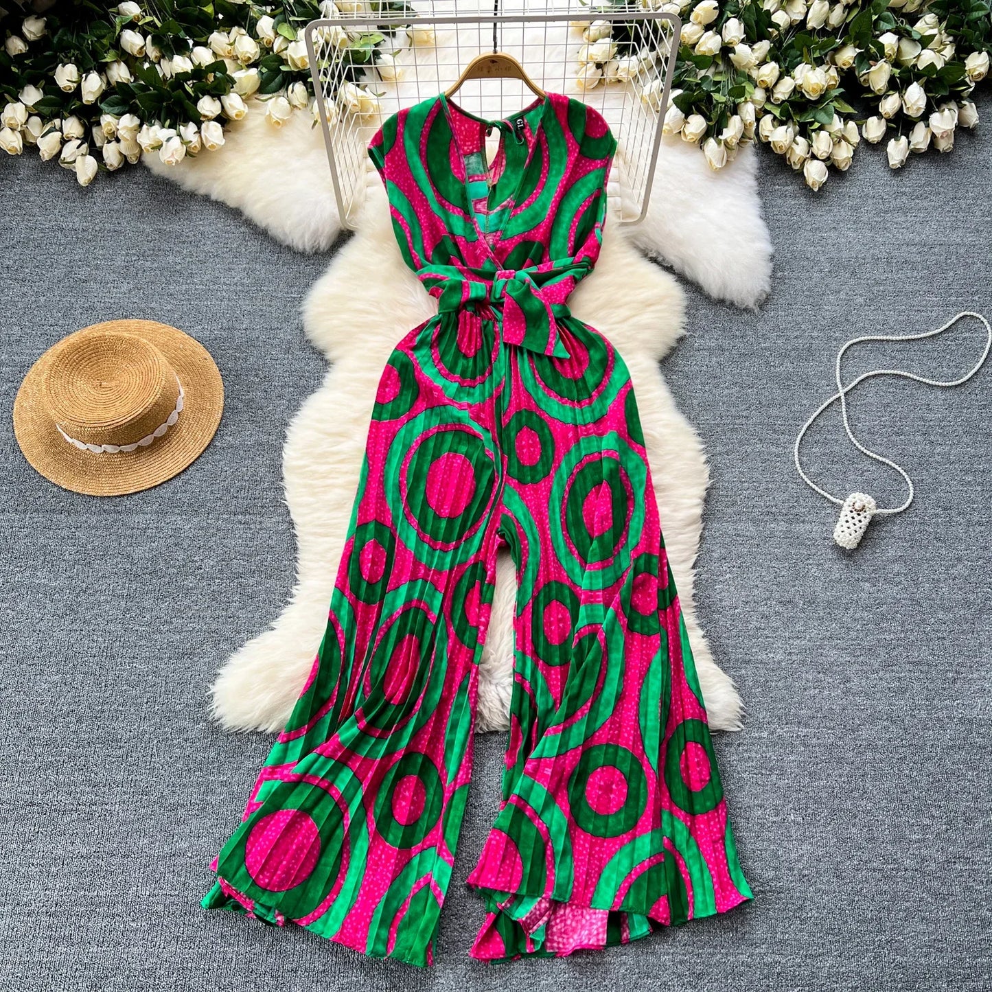 Summer Abstract Print Jumpsuit Wide Leg V Neck Women