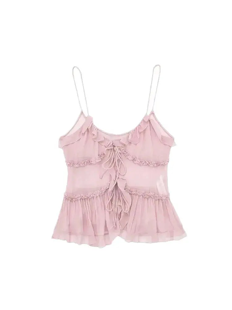 Trza Women Semi Sheer Tank Top With Ruffled Front Backless