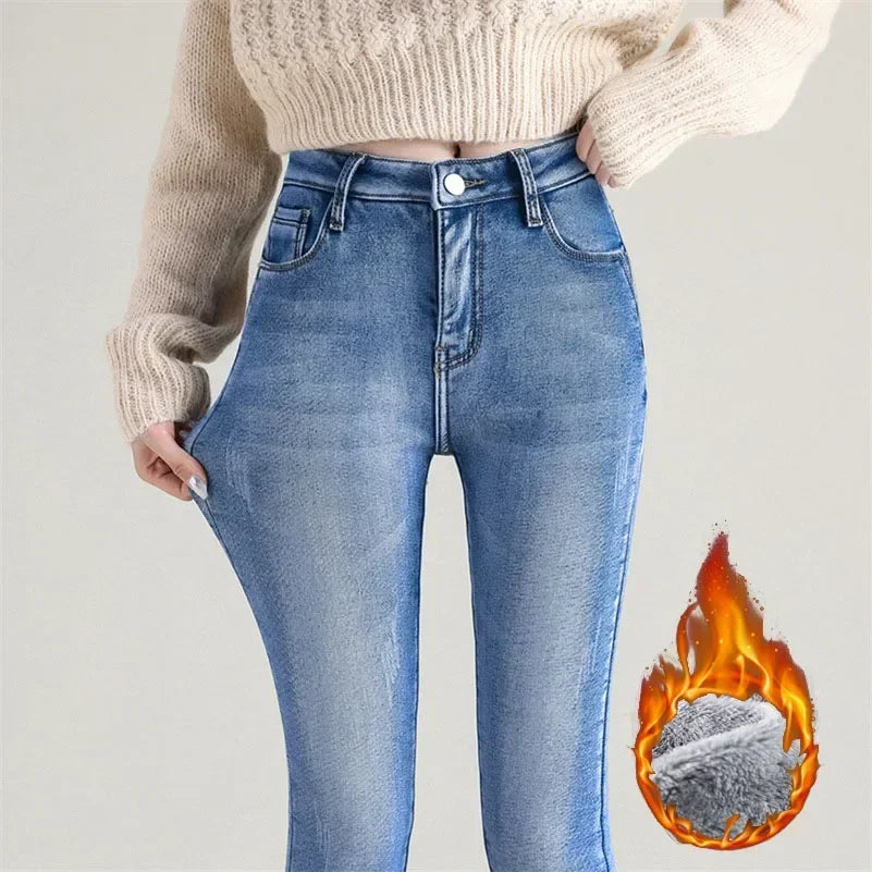 Women Thermal Skinny Jeans Winter Warm Fleece Denim Pants
