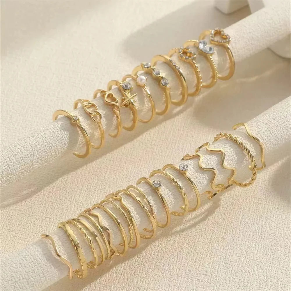 23Pcs Luxury Shiny Zircon Wave Ring Set for Daily Wear