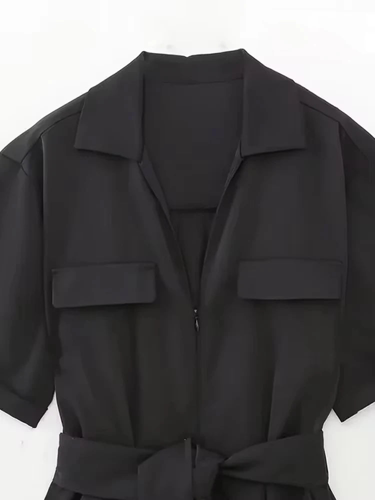 Womens Belted Front Zip Jumpsuit Short Sleeve Pockets