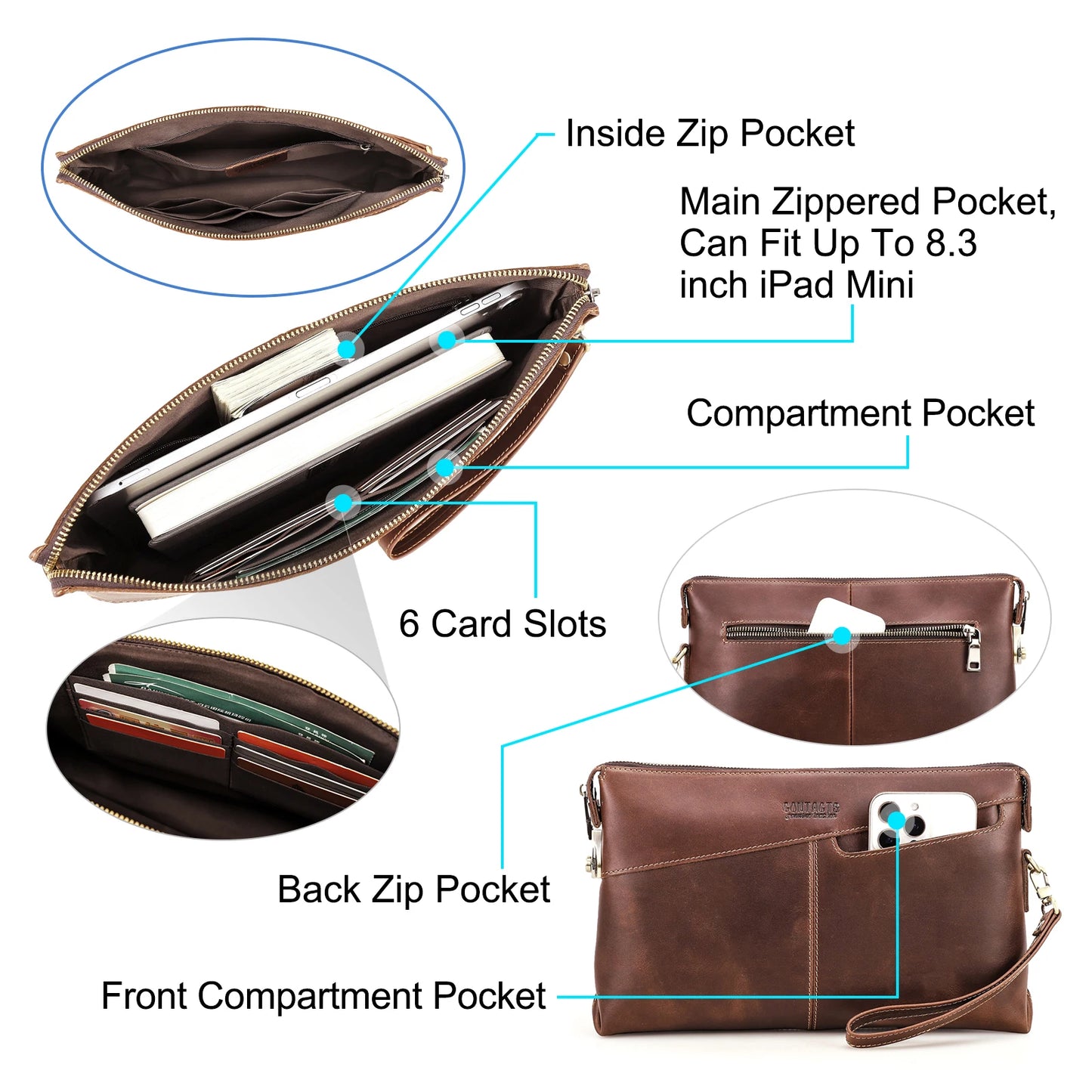 Contacts Genuine Leather Clutch Bag For Men Password Lock