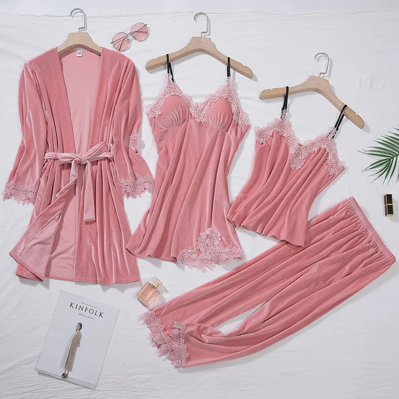 Velour Home Pajama Set For Women 4pcs Lace Velvet Sleepwear