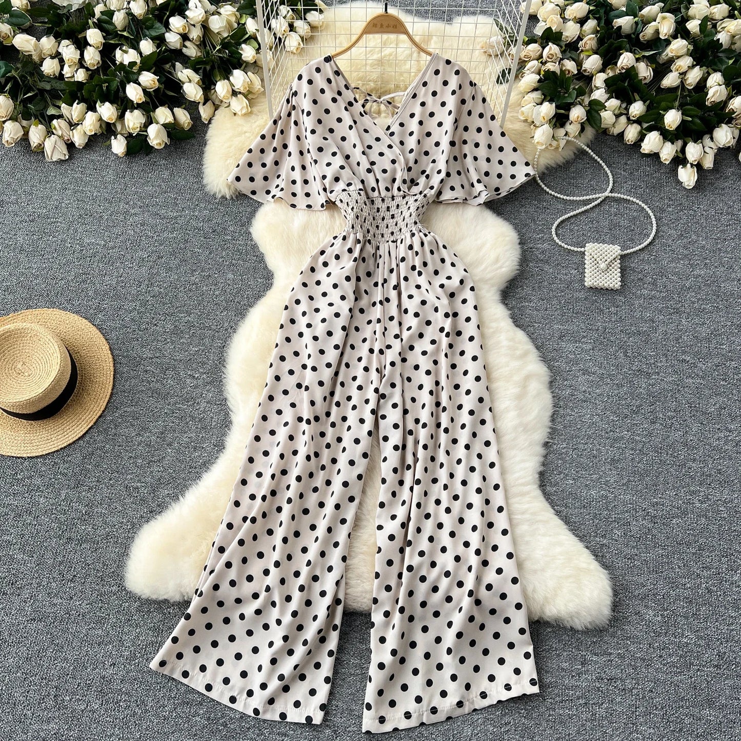 Polka Dot Women Romper V Neck High Waist Wide Leg Jumpsuit
