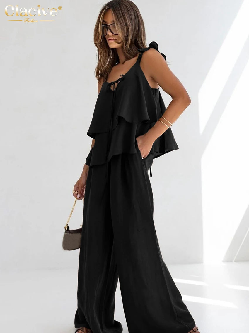 Clacive White Cotton Sleeveless Two Piece Set High Waist